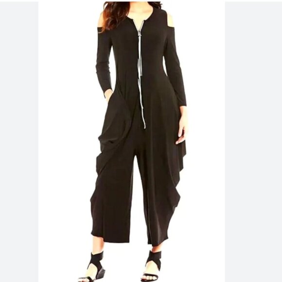 IC Collection by Connie K Zip Up Cold Shoulder Jumpsuit Size Medium EUC - Picture 1 of 3